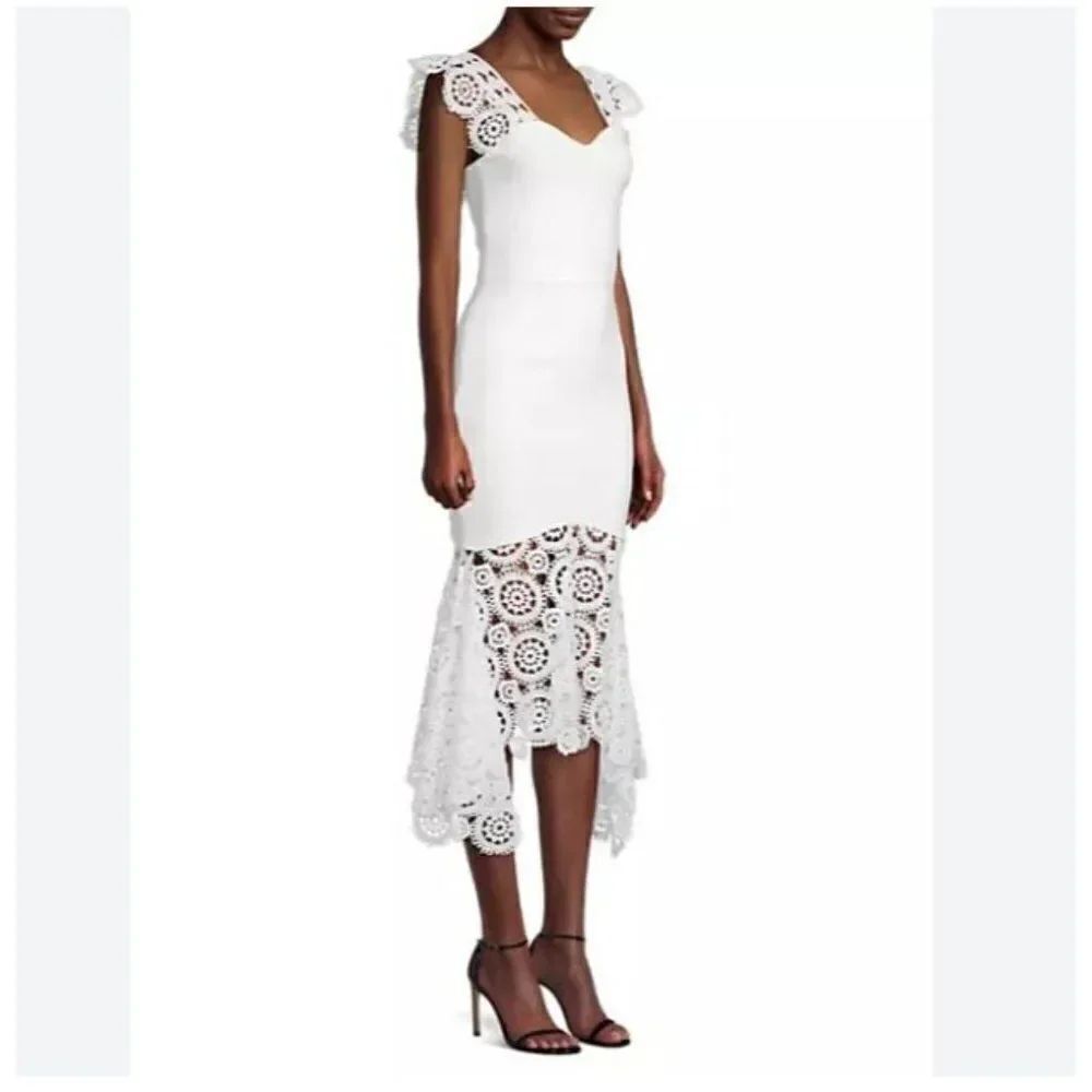 Elliatt Womens Yuna Lace Midi Dress XS Ivory White Embellished handkerchief hem